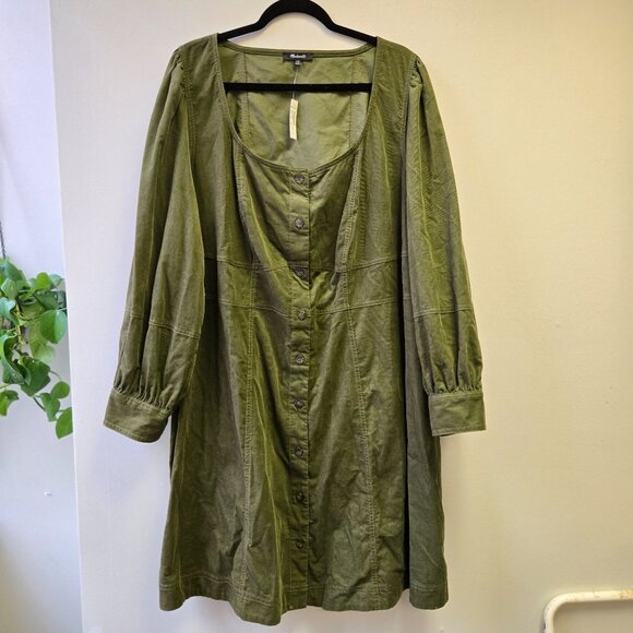 NWT Madewell Plus Green Kale Corduroy Button-Down Mini Dress Size 22W Long Sleev - Picture 1 of 11